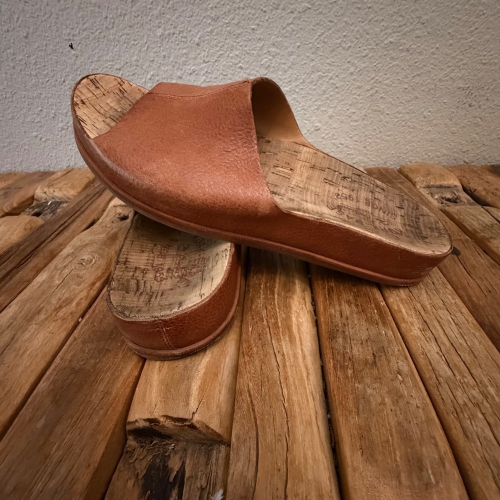 Kork-Ease Slide Sandals 8M Cognac Brown Leather Cork Platform K45206